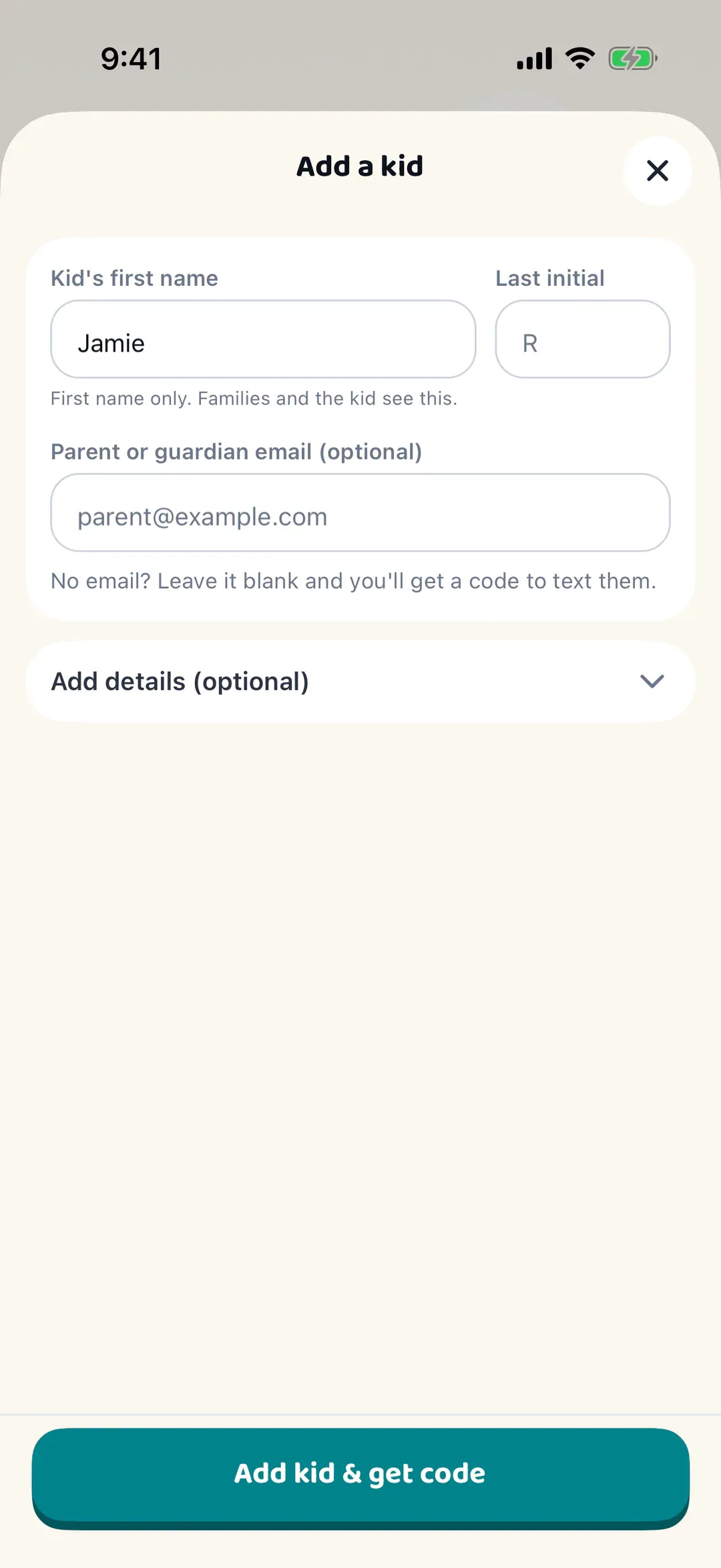 The Add a kid form with a first name typed in and the Add kid & get code button