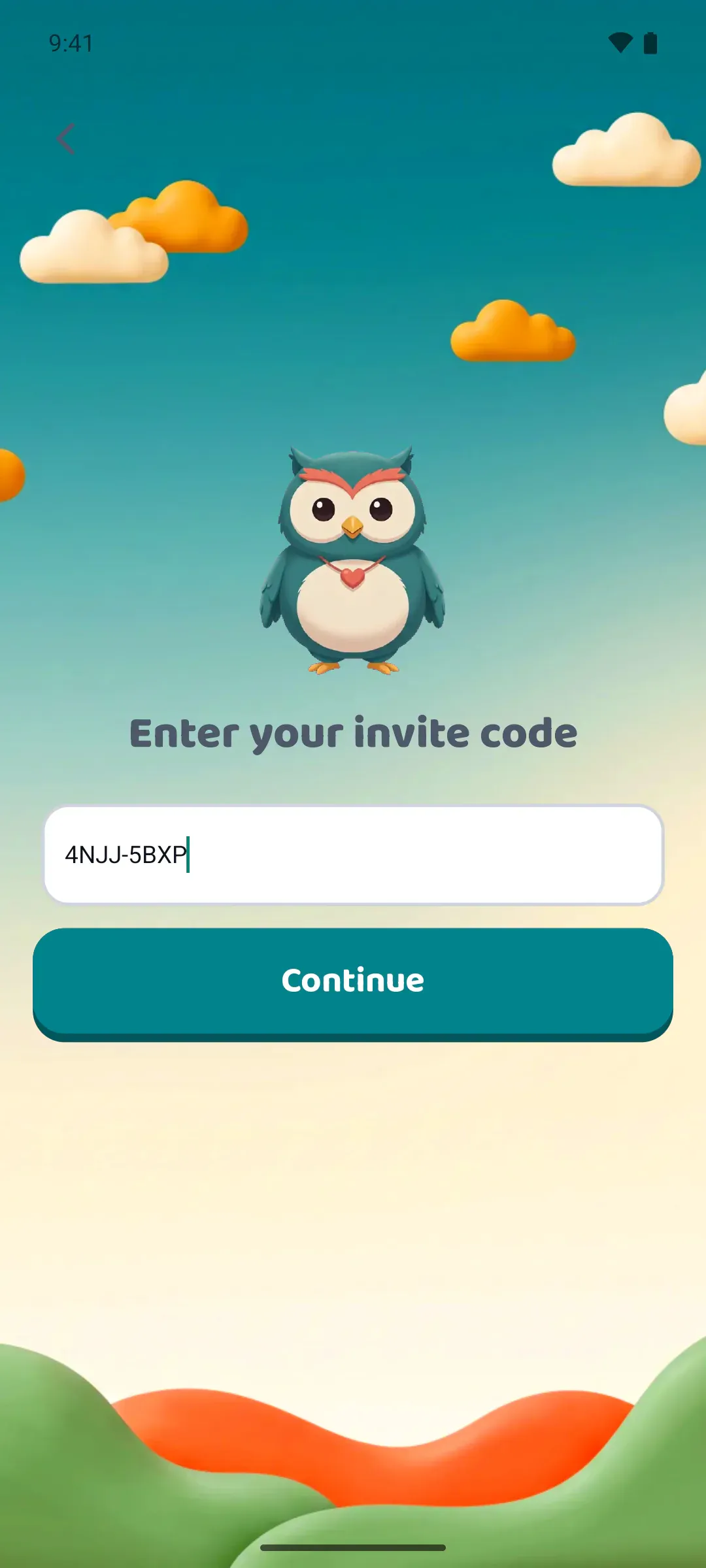 The parent's Enter your invite code screen with a code typed in