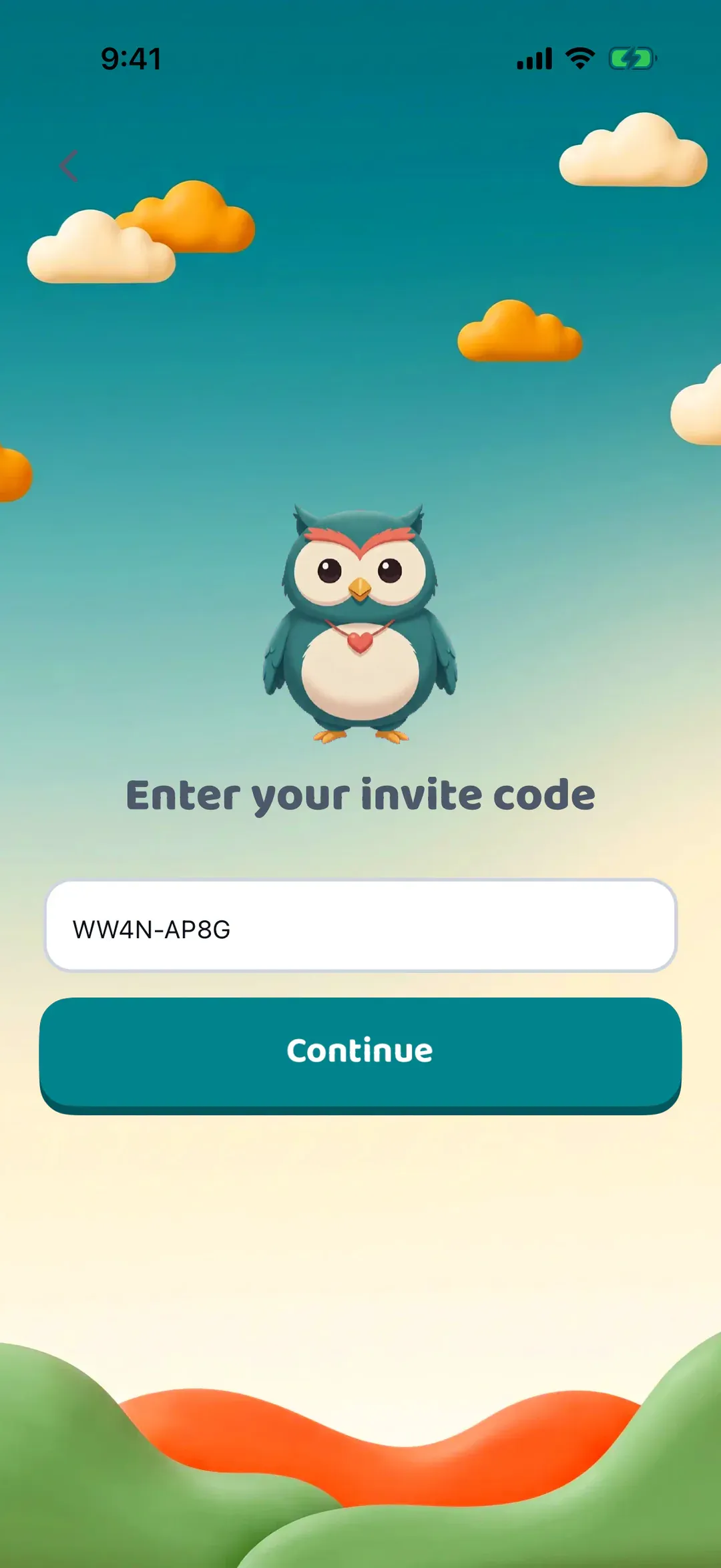 The parent's Enter your invite code screen with a code typed in
