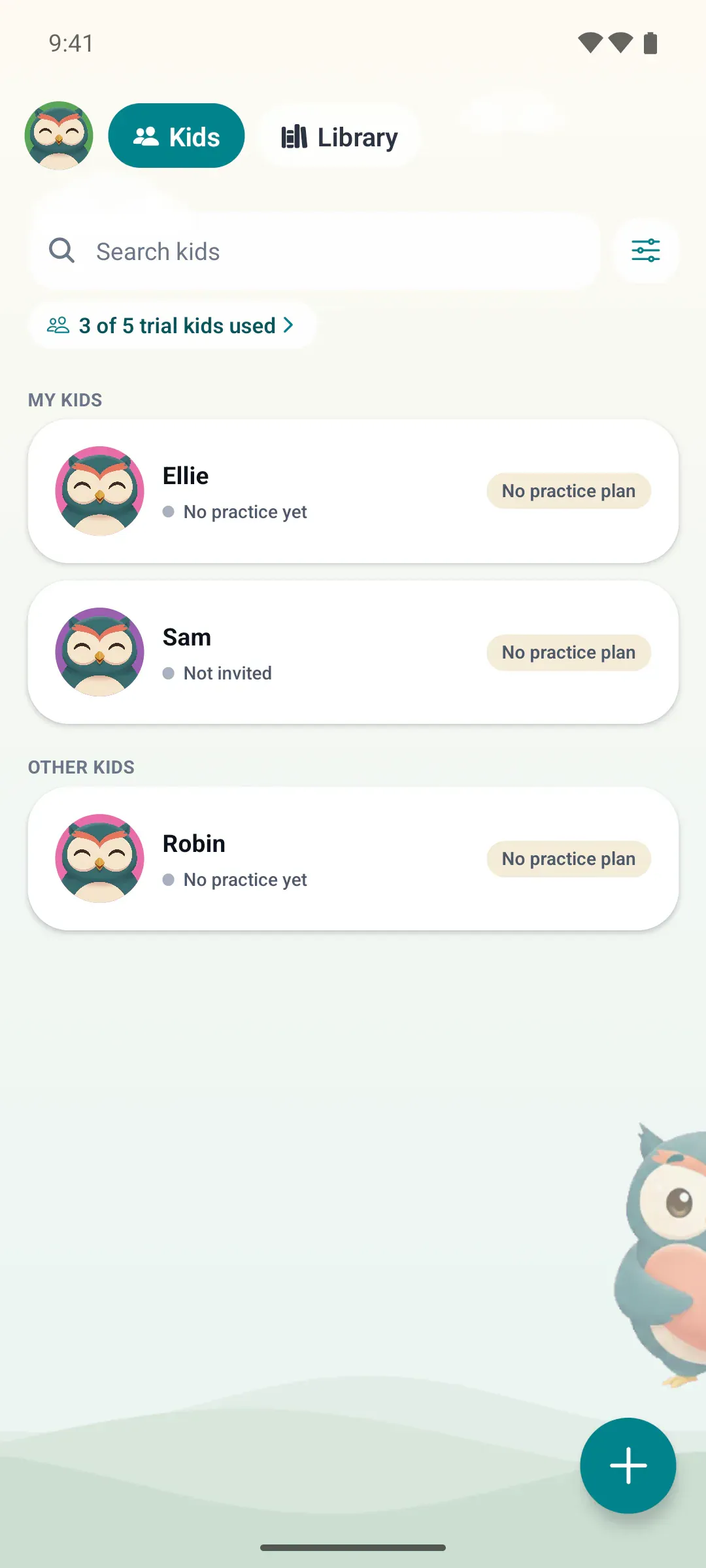 The Kids list, where Ellie's row now says No practice yet