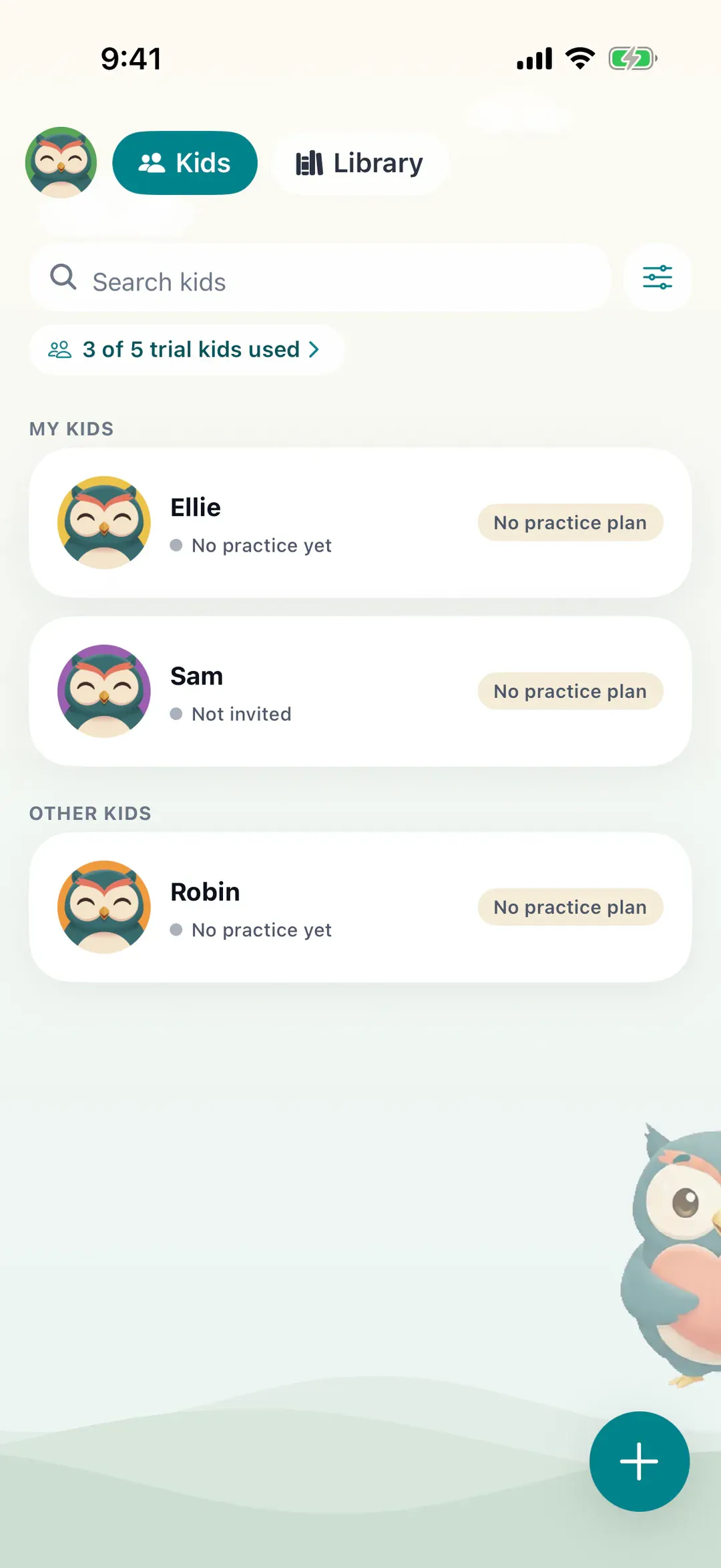 The Kids list, where Ellie's row now says No practice yet
