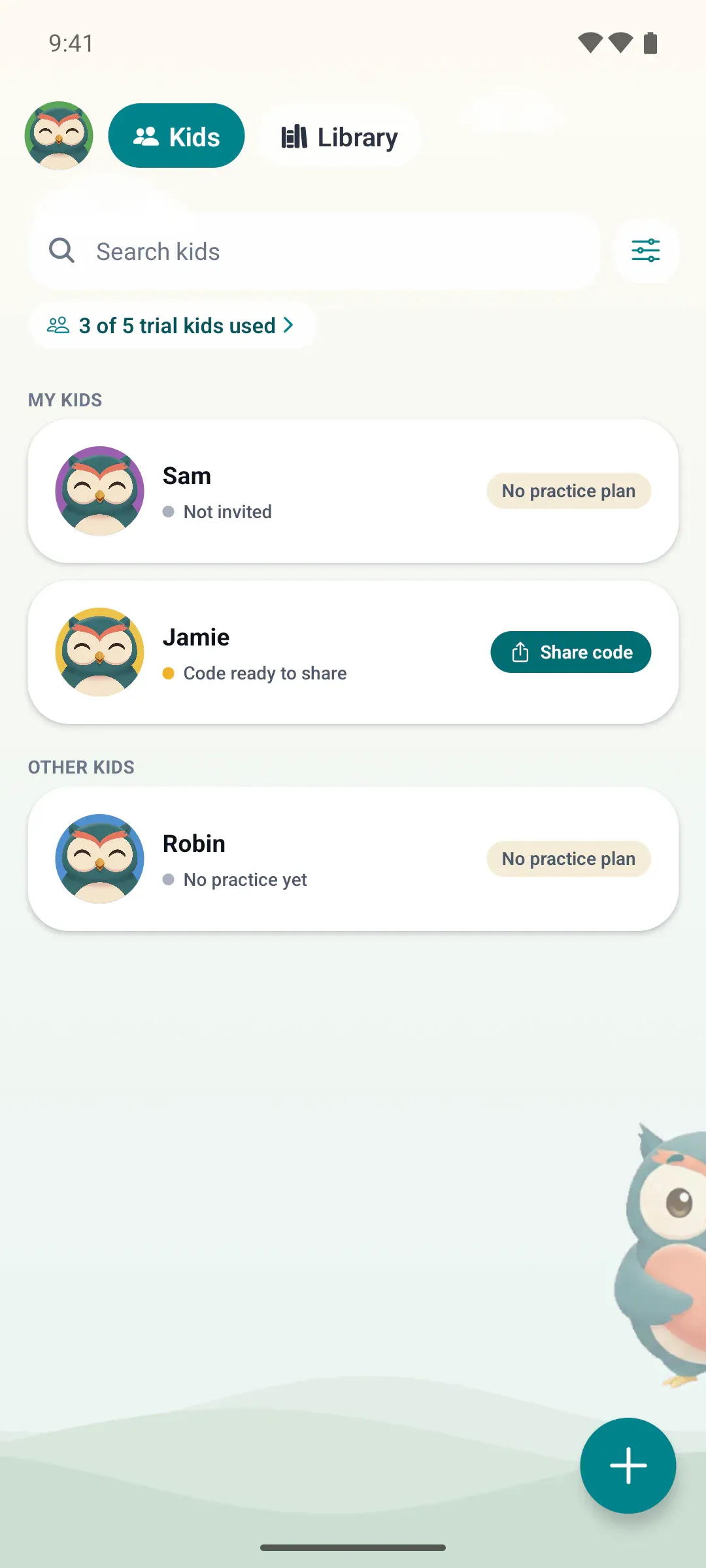 The Kids list with a Share code button on the new kid's row