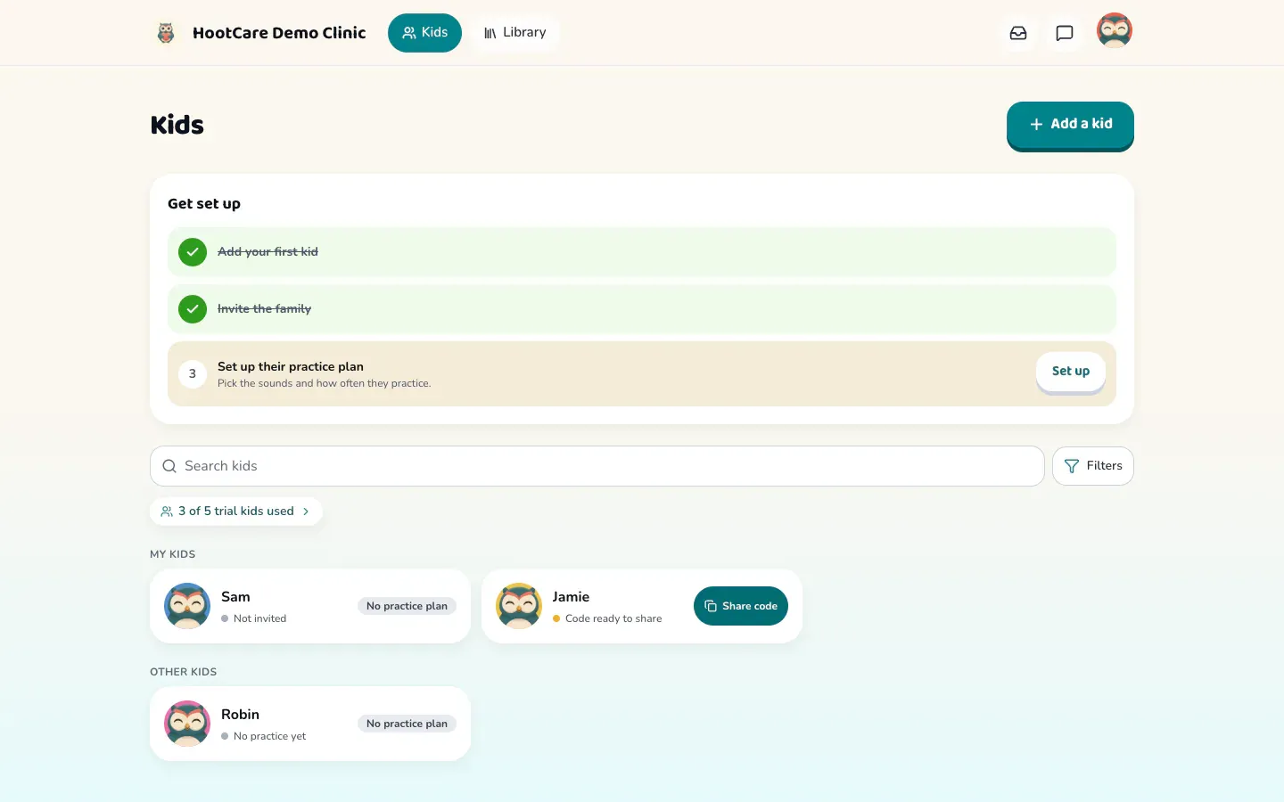 The Kids page with a Share code button on the new kid's row